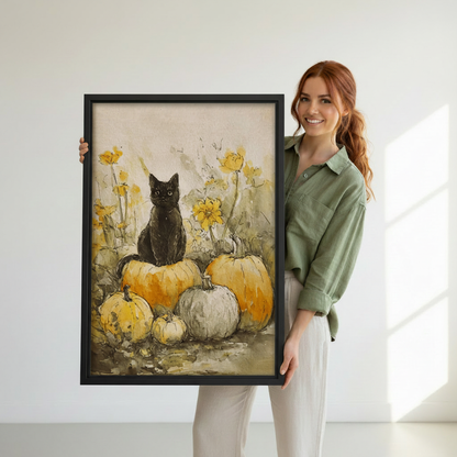 Watercolor black cat pumpkin wall art held in a black frame to show vertical artwork scale.
