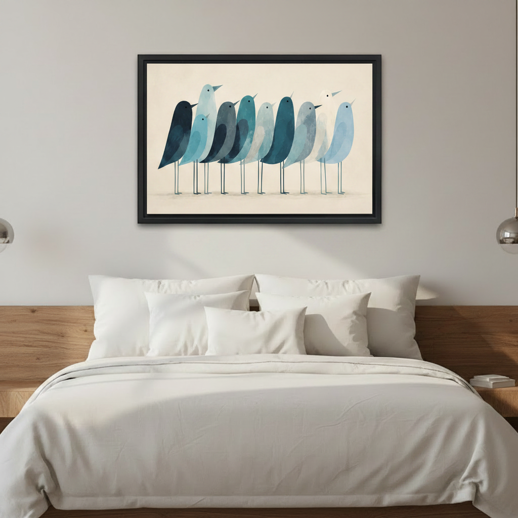 Watercolor blue birds black framed canvas print on white bedroom wall above wooden bed with navy blue and white bedding