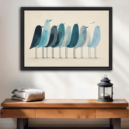 Watercolor blue birds framed canvas wall art in black frame above dark wooden console table with lantern in entryway