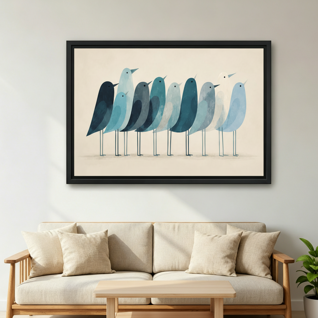 Watercolor blue birds framed canvas wall art displayed above beige linen sofa in cozy Scandinavian living room with coffee table
