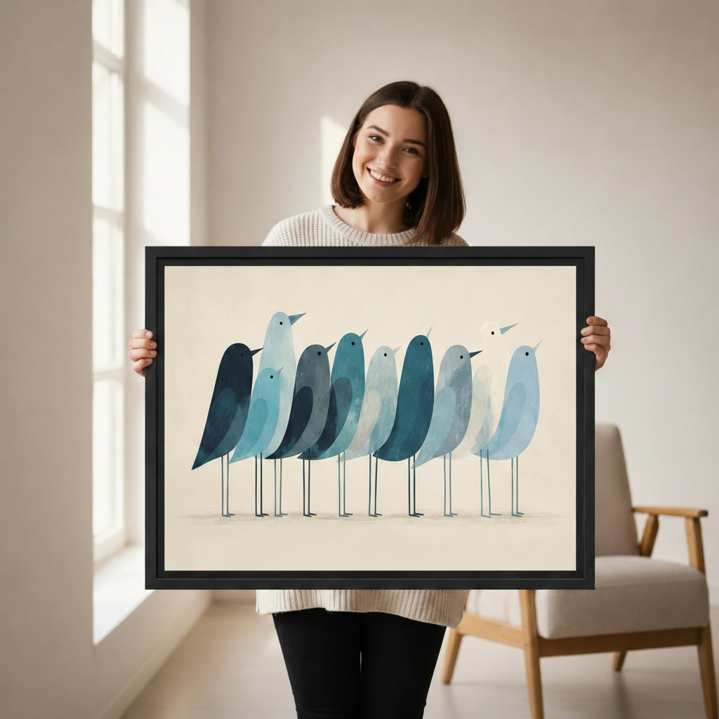 Smiling woman holding large black framed watercolor blue birds canvas wall art in bright white studio