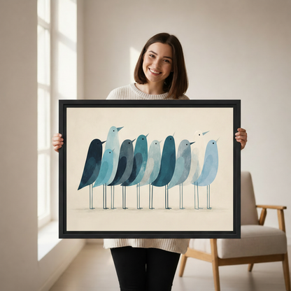 Smiling woman holding large black framed watercolor blue birds canvas wall art in bright white studio