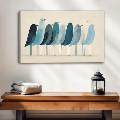 Navy to ice blue watercolor birds gallery wrap canvas with visible side depth mounted on white wall beside indoor plants