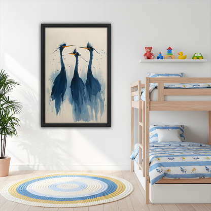 Framed watercolor blue herons canvas wall art hung on white wall in a cheerful kids bedroom with wooden bunk bed and colorful round rug
