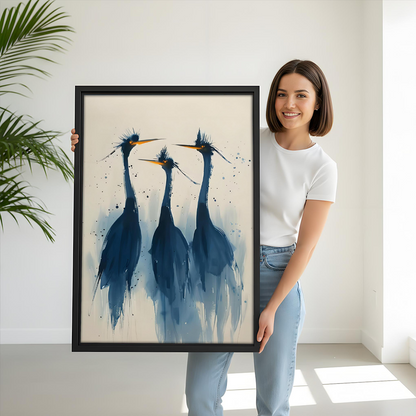 Smiling woman holding a large framed watercolor blue herons trio canvas wall art print with ink splatter details on cream background