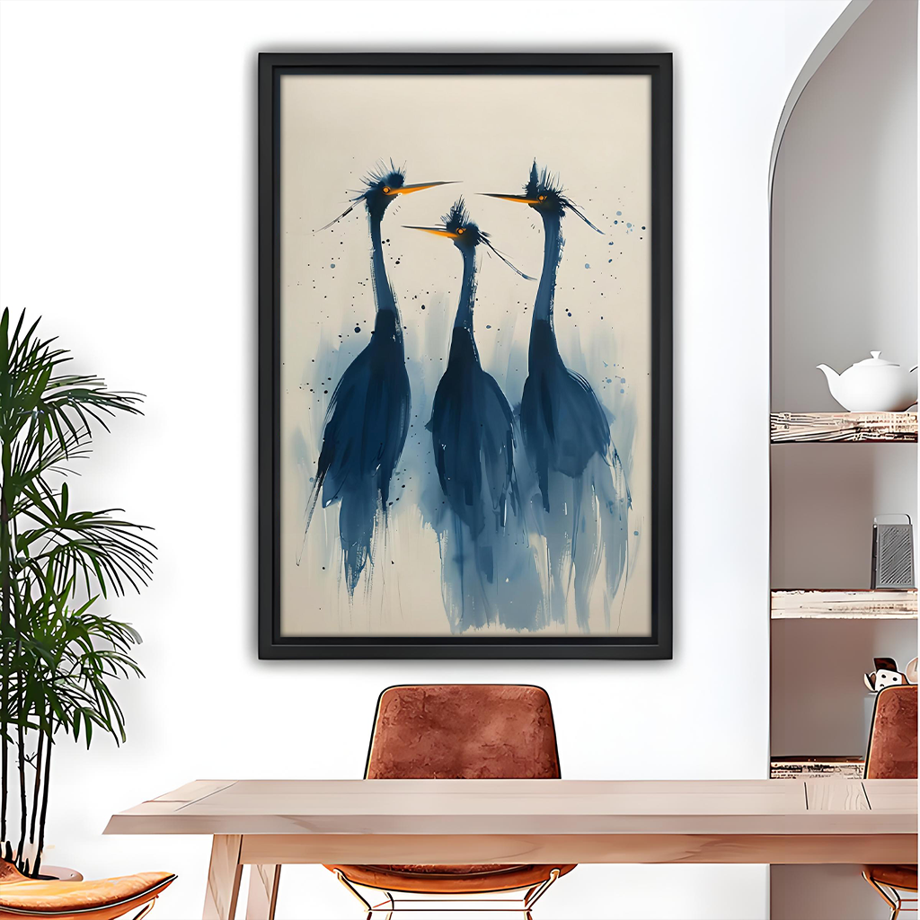 Framed watercolor blue herons trio canvas wall art in navy ink brushstrokes, hung above a light wood dining table with leather chairs