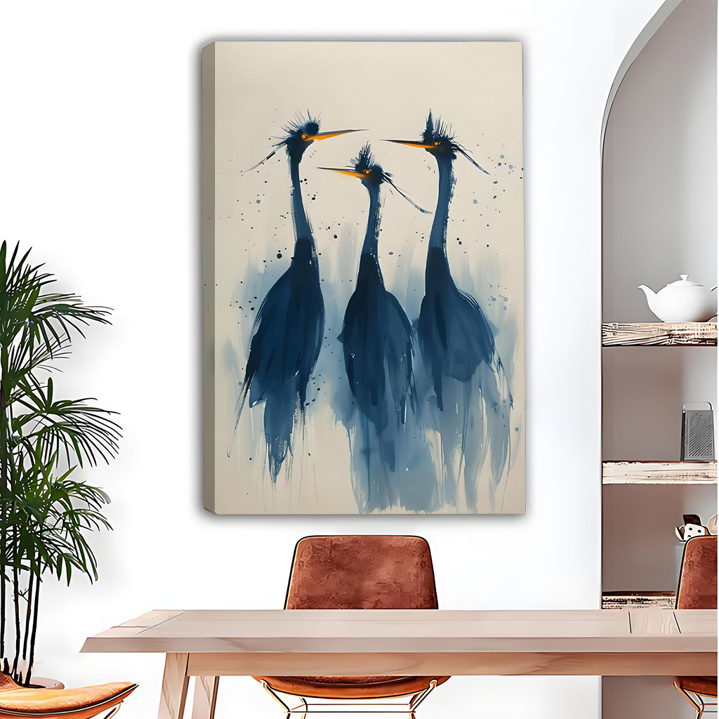 Gallery-wrap watercolor heron trio canvas print in deep navy on cream background, displayed above a dining table in a modern room with arched mirror
