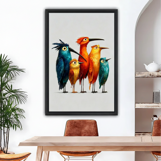 Watercolor cartoon bird family framed canvas wall art above wooden dining table with palm plant