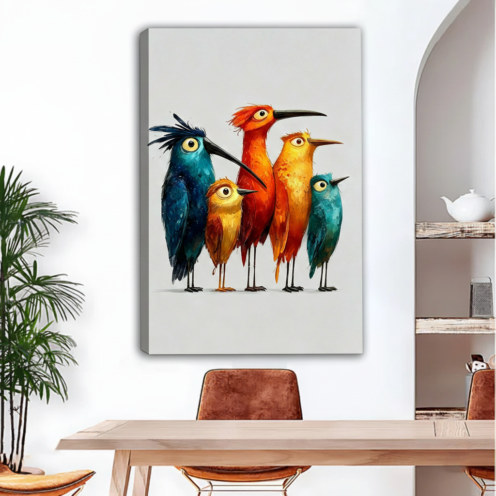 Watercolor cartoon bird family gallery wrap canvas wall art in dining room no frame arched wall