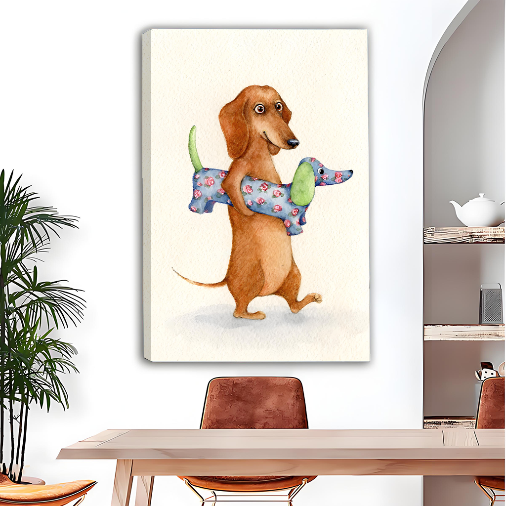 Cute dachshund holding toy gallery-wrap canvas art displayed above wooden dining table in bright interior