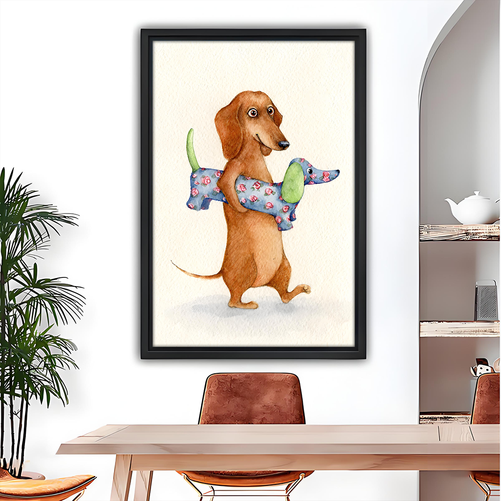 Watercolor dachshund wall art in black frame above dining table with arched mirror and open shelving