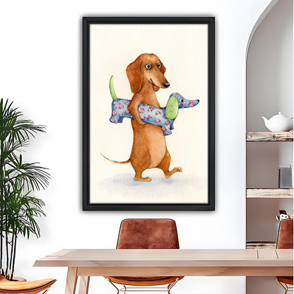 Watercolor dachshund wall art in black frame above dining table with arched mirror and open shelving