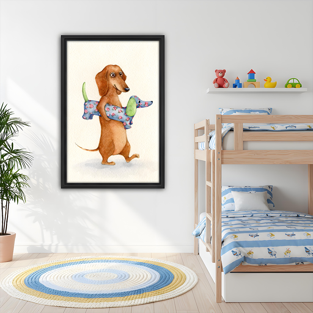 Whimsical watercolor dachshund framed wall art hanging above bunk bed in cheerful kids bedroom with toys