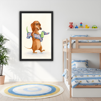 Whimsical watercolor dachshund framed wall art hanging above bunk bed in cheerful kids bedroom with toys