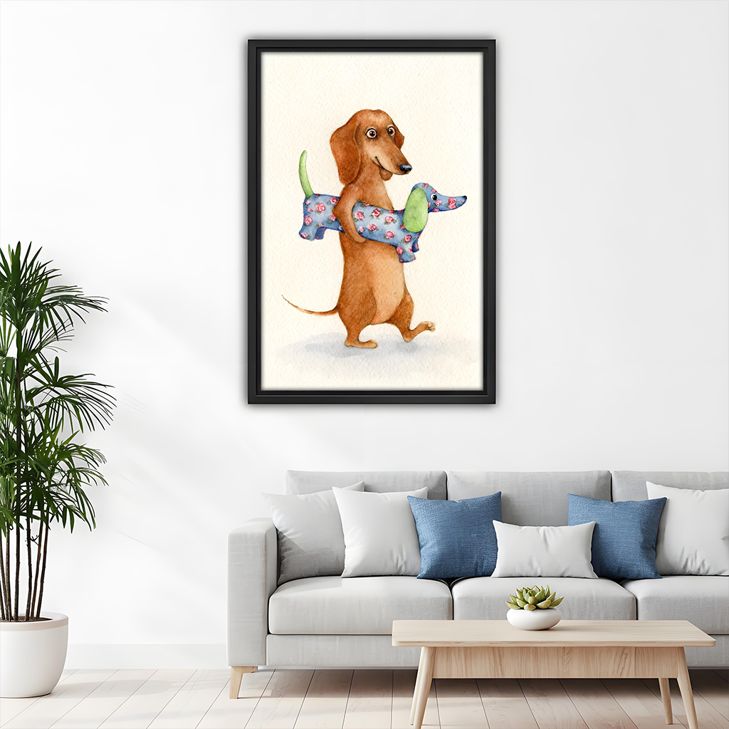 Watercolor dachshund dog canvas wall art in black frame above grey sofa in modern Scandinavian living room
