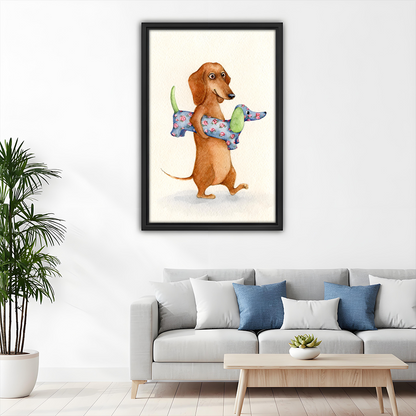 Watercolor dachshund dog canvas wall art in black frame above grey sofa in modern Scandinavian living room