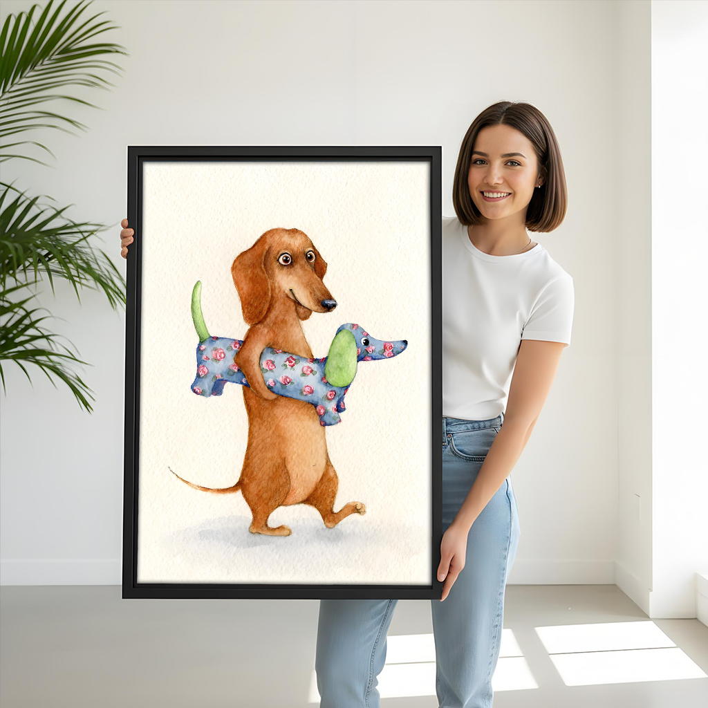 Woman holding large framed watercolor dachshund canvas wall art print showing size scale in white room