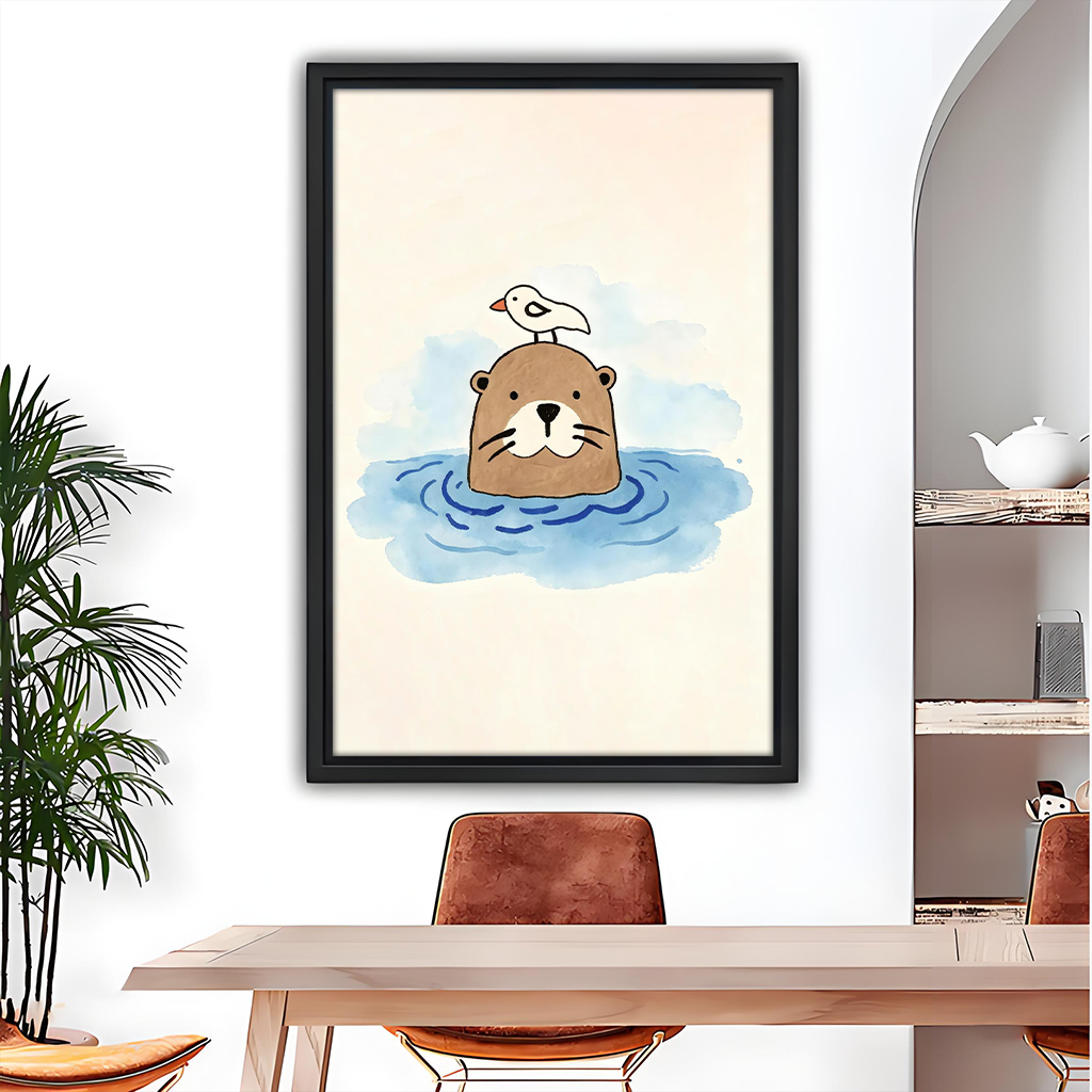 Watercolor otter with seagull on head framed canvas wall art in modern boho dining room warm cream tones