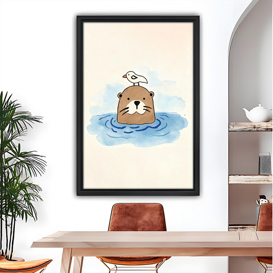 Watercolor otter with seagull on head framed canvas wall art in modern boho dining room warm cream tones