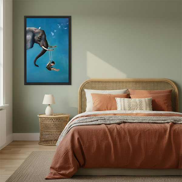 Framed watercolor sandpiper flock canvas print displayed beside a rattan bed in a sage green boho bedroom
