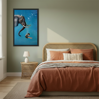 Framed watercolor sandpiper flock canvas print displayed beside a rattan bed in a sage green boho bedroom