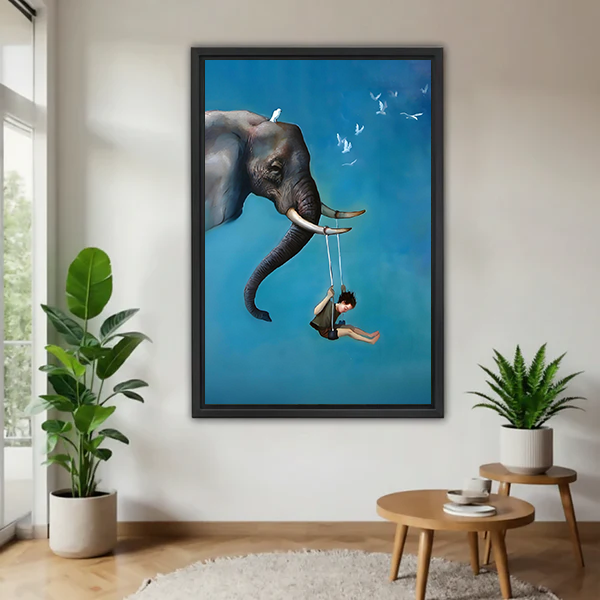 Framed watercolor sandpiper flock canvas wall art hanging in a bright living room with tropical plants