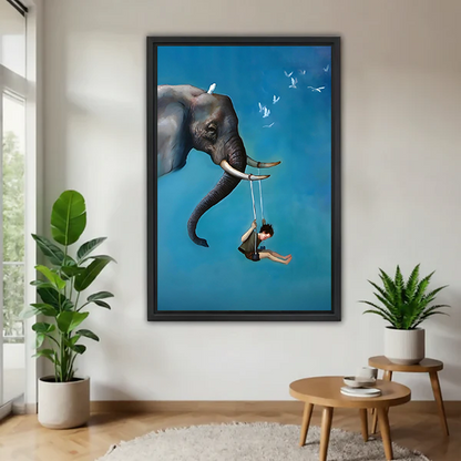 Framed watercolor sandpiper flock canvas wall art hanging in a bright living room with tropical plants