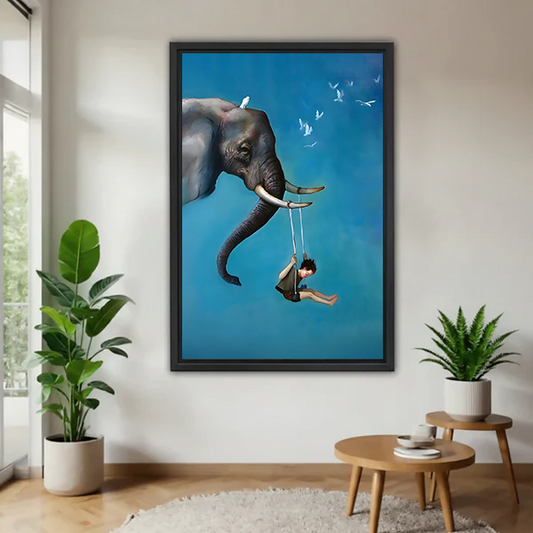 Framed watercolor sandpiper flock canvas wall art hanging in a bright living room with tropical plants