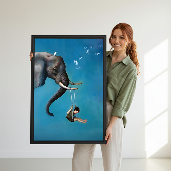 Smiling woman holding large black framed watercolor sandpiper flock canvas art print to show size