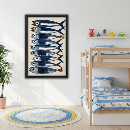 Watercolor sardine fish canvas wall art in black frame on kids room wall beside wooden bunk bed with round rug