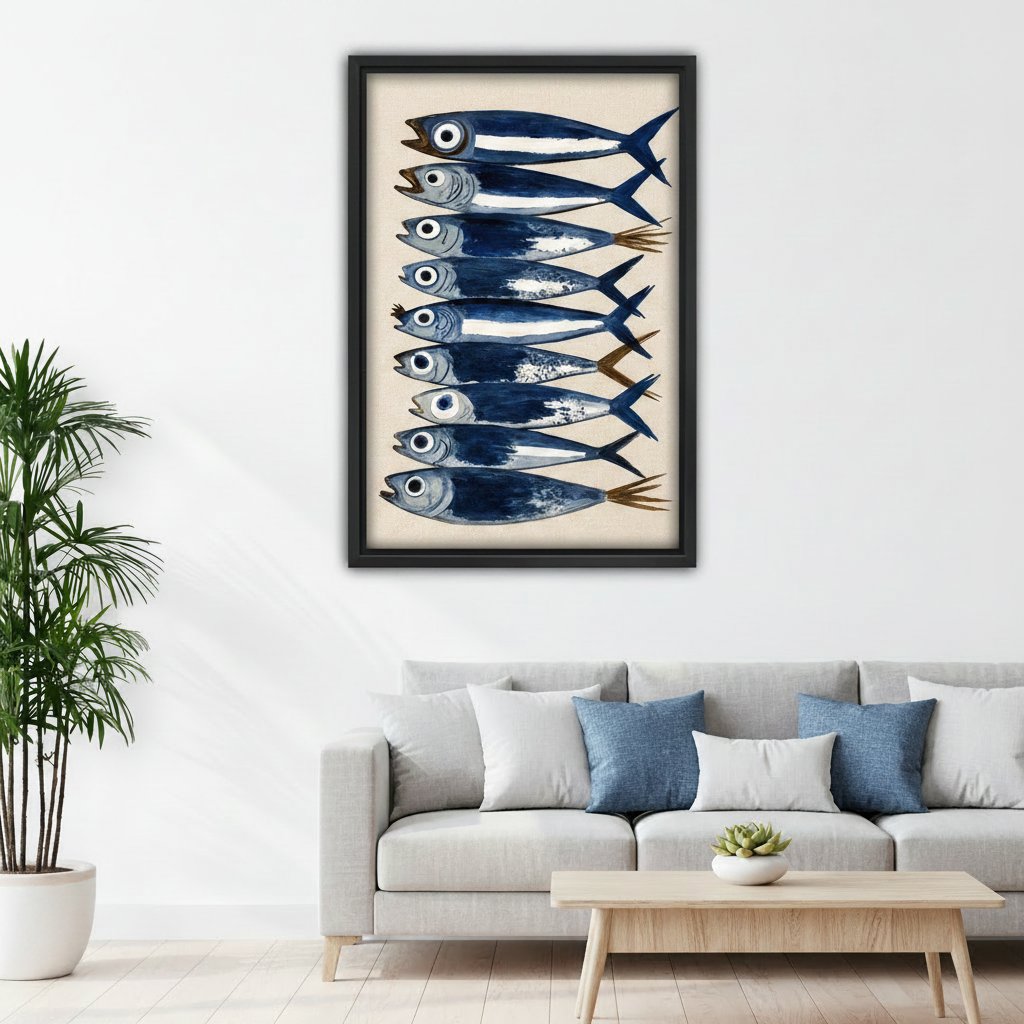 Watercolor sardine fish framed canvas print on white wall above gray sofa with blue pillows in modern living room