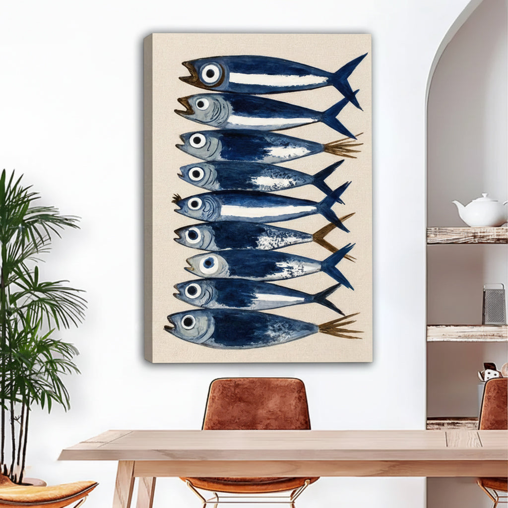 Watercolor sardine fish stack gallery-wrap canvas wall art without frame above wooden dining table in coastal room