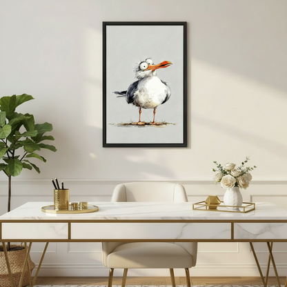 Whimsical cartoon seagull framed canvas art hanging above gold marble home office desk