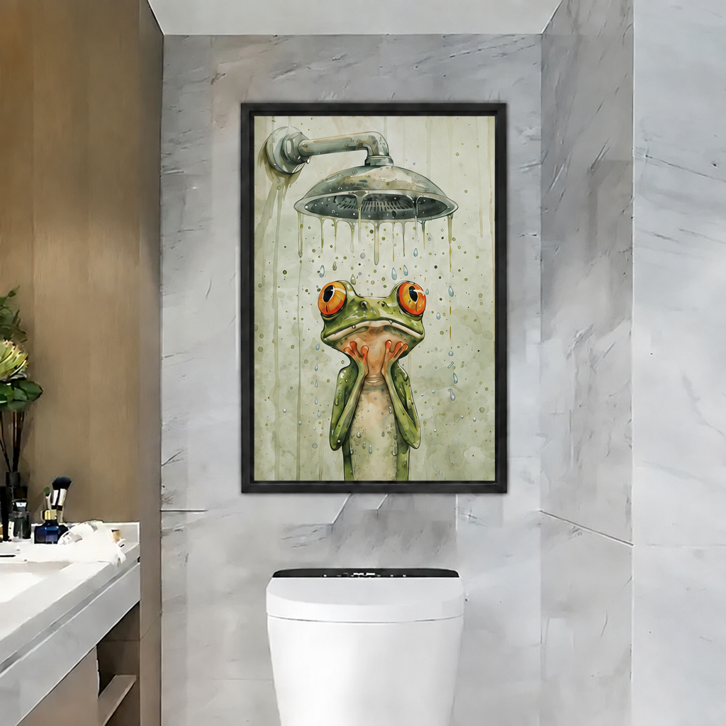 Black framed watercolor shower frog canvas wall art on a grey marble wall above a modern toilet