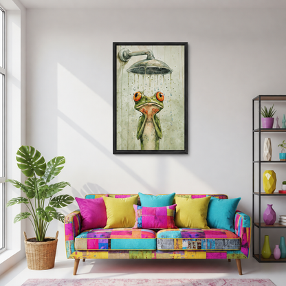 Framed watercolor shower frog canvas wall art above a colorful patchwork sofa in a sunny living room