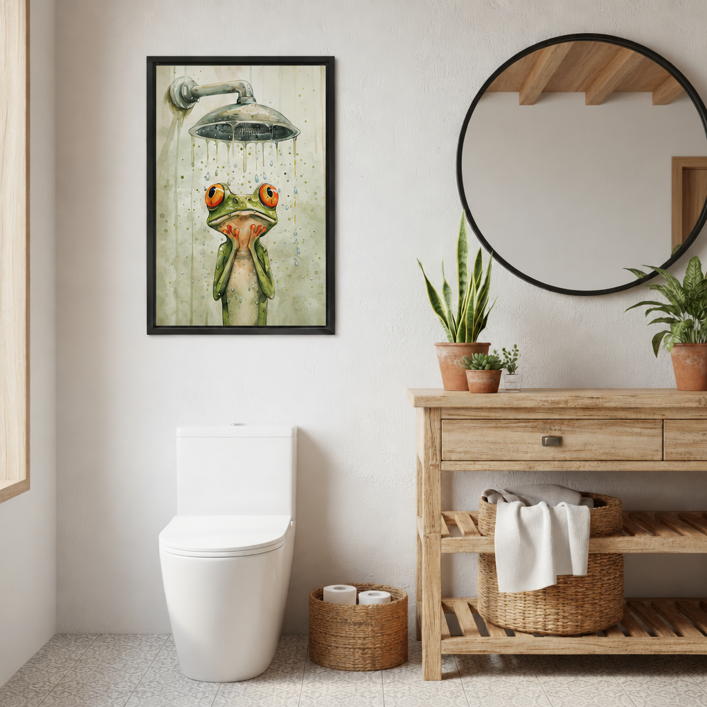 Watercolor shower frog canvas wall art beside a round mirror, wooden vanity and potted plants