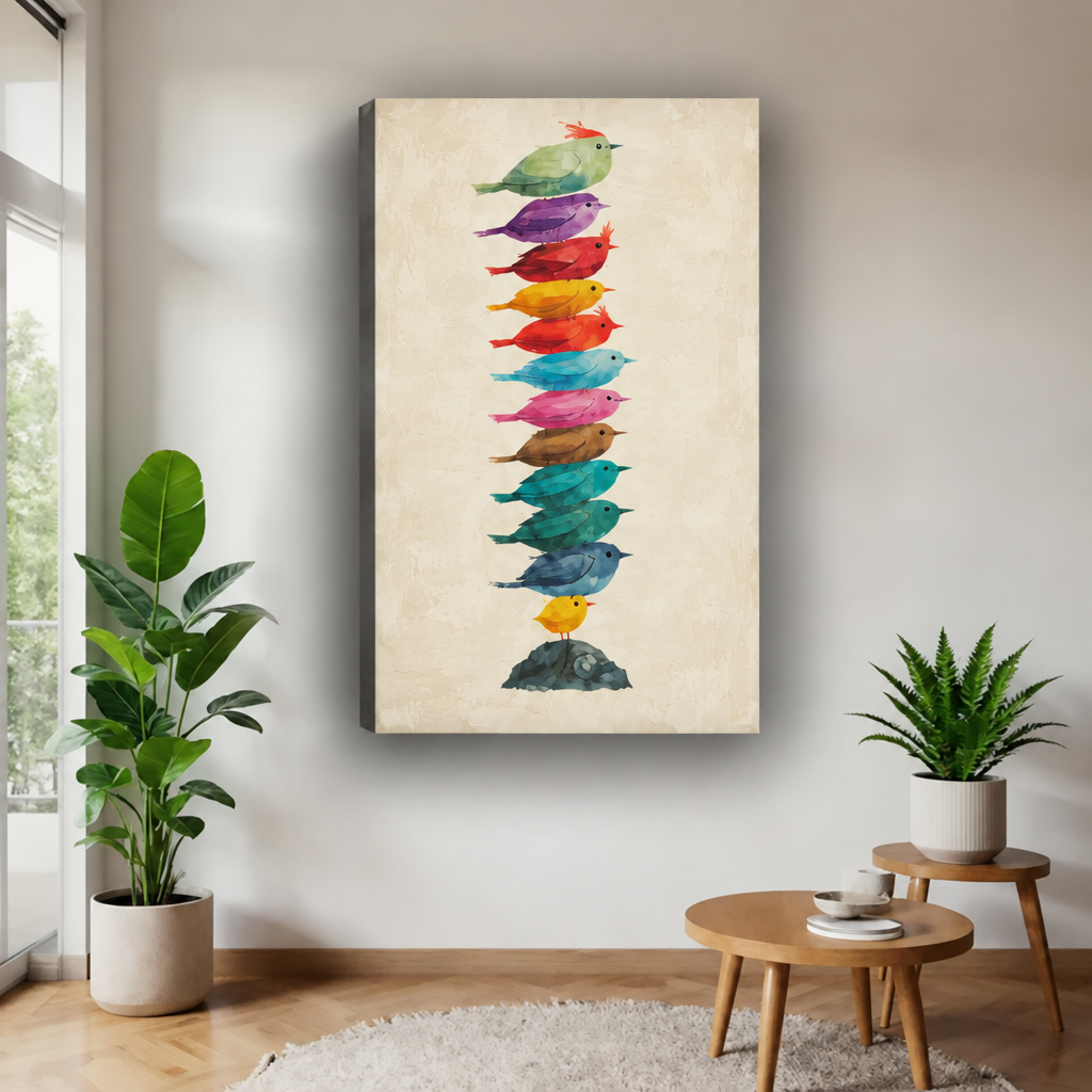 Unframed watercolor stacked birds canvas wall art displayed between potted plants above round wooden tables.
