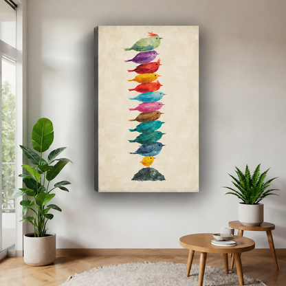 Unframed watercolor stacked birds canvas wall art displayed between potted plants above round wooden tables.