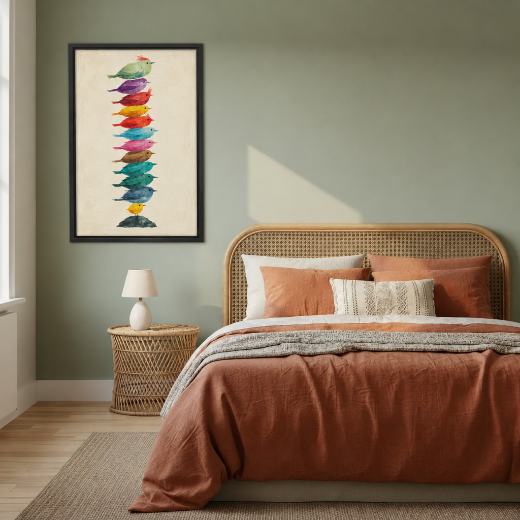 Watercolor stacked birds wall art in a black frame beside a rattan bed against a sage green wall.