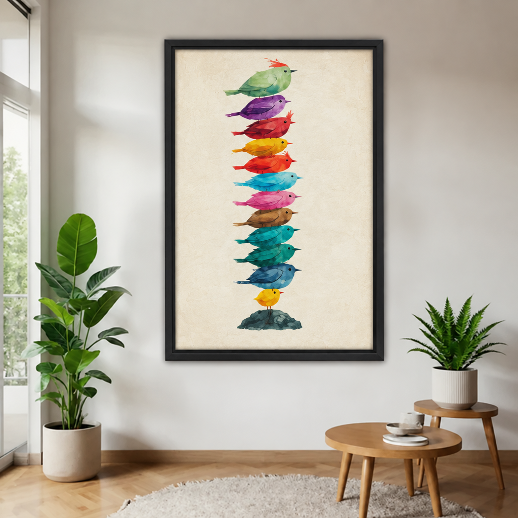 Watercolor stacked birds wall art in a black frame on a light wall beside a bright window.