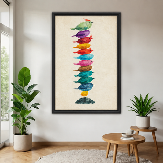 Watercolor stacked birds wall art in a black frame on a light wall beside a bright window.