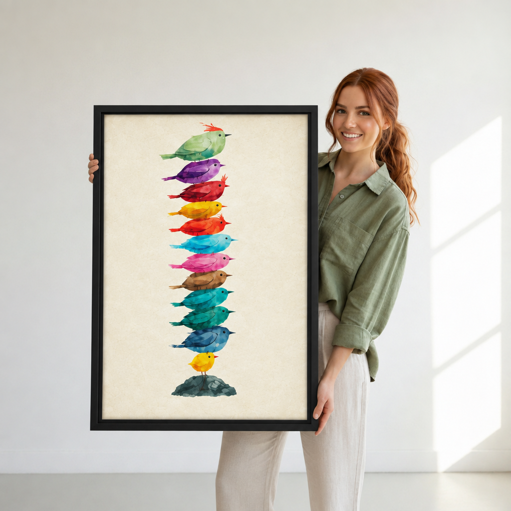 Woman holding black-framed watercolor stacked birds wall art featuring colorful birds on a warm cream background.