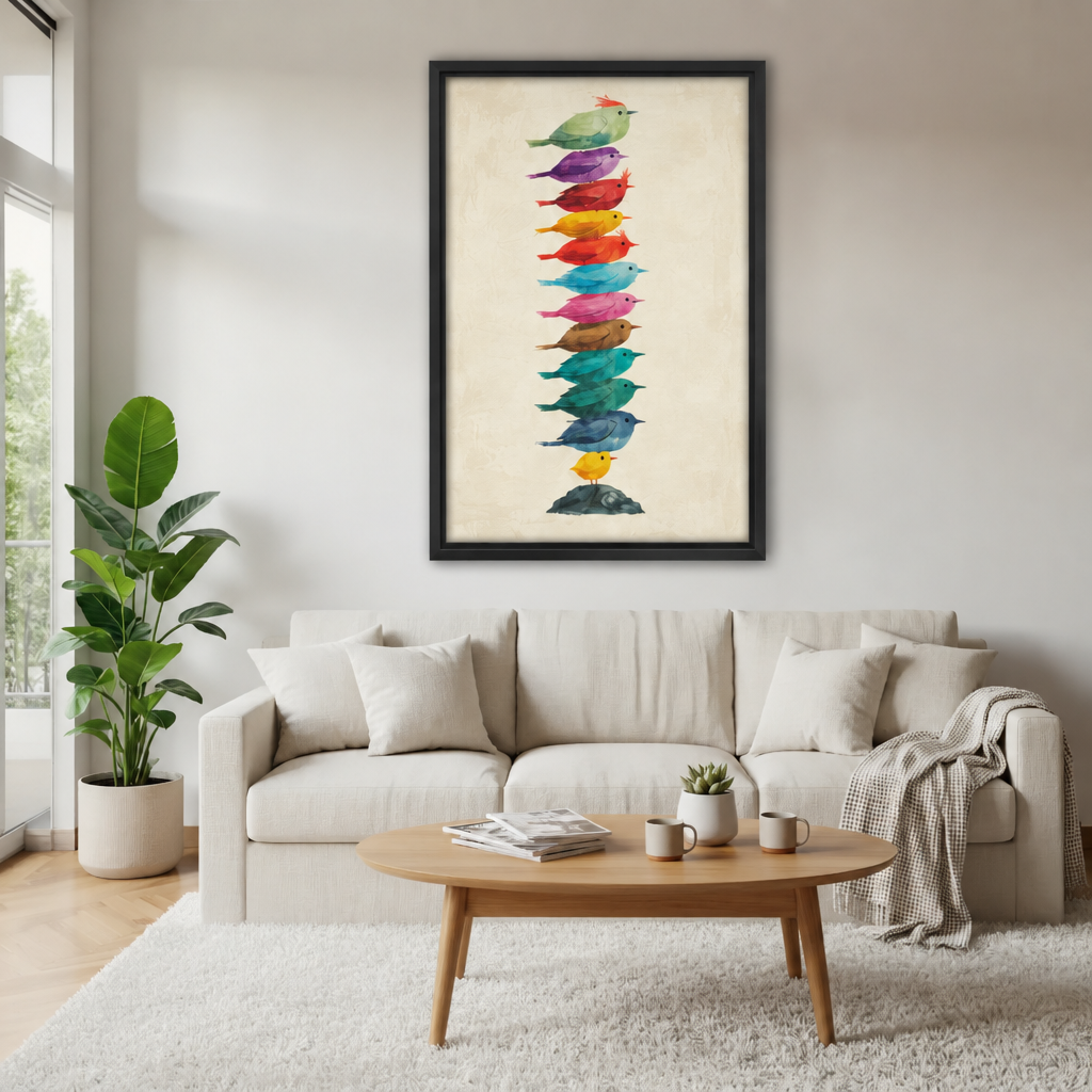 Framed watercolor stacked birds wall art above a cream sofa with a wooden coffee table and leafy plant.