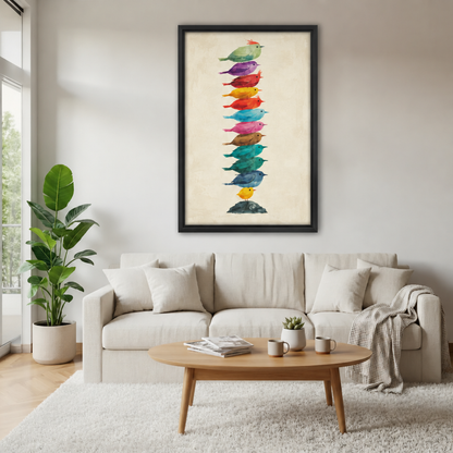 Framed watercolor stacked birds wall art above a cream sofa with a wooden coffee table and leafy plant.