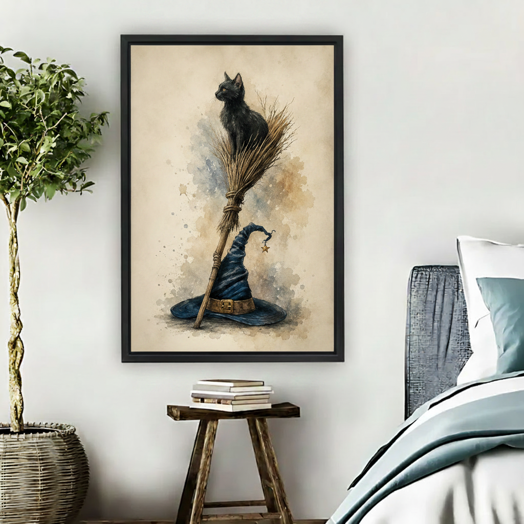Watercolor witch cat and broomstick framed canvas wall art hanging above wooden stool in cozy bedroom