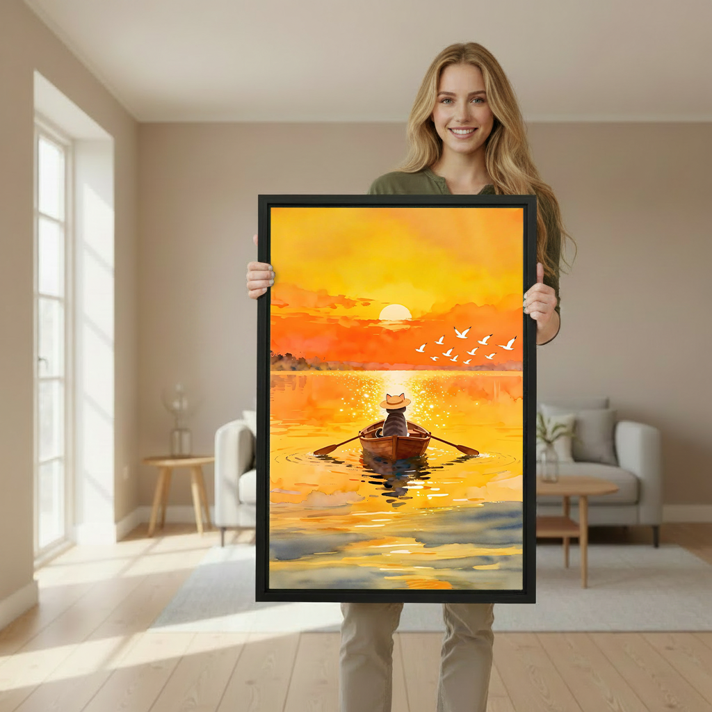 Woman holding a large framed watercolour cat sunset rowing art print to demonstrate print size in a bright Scandinavian-style living room