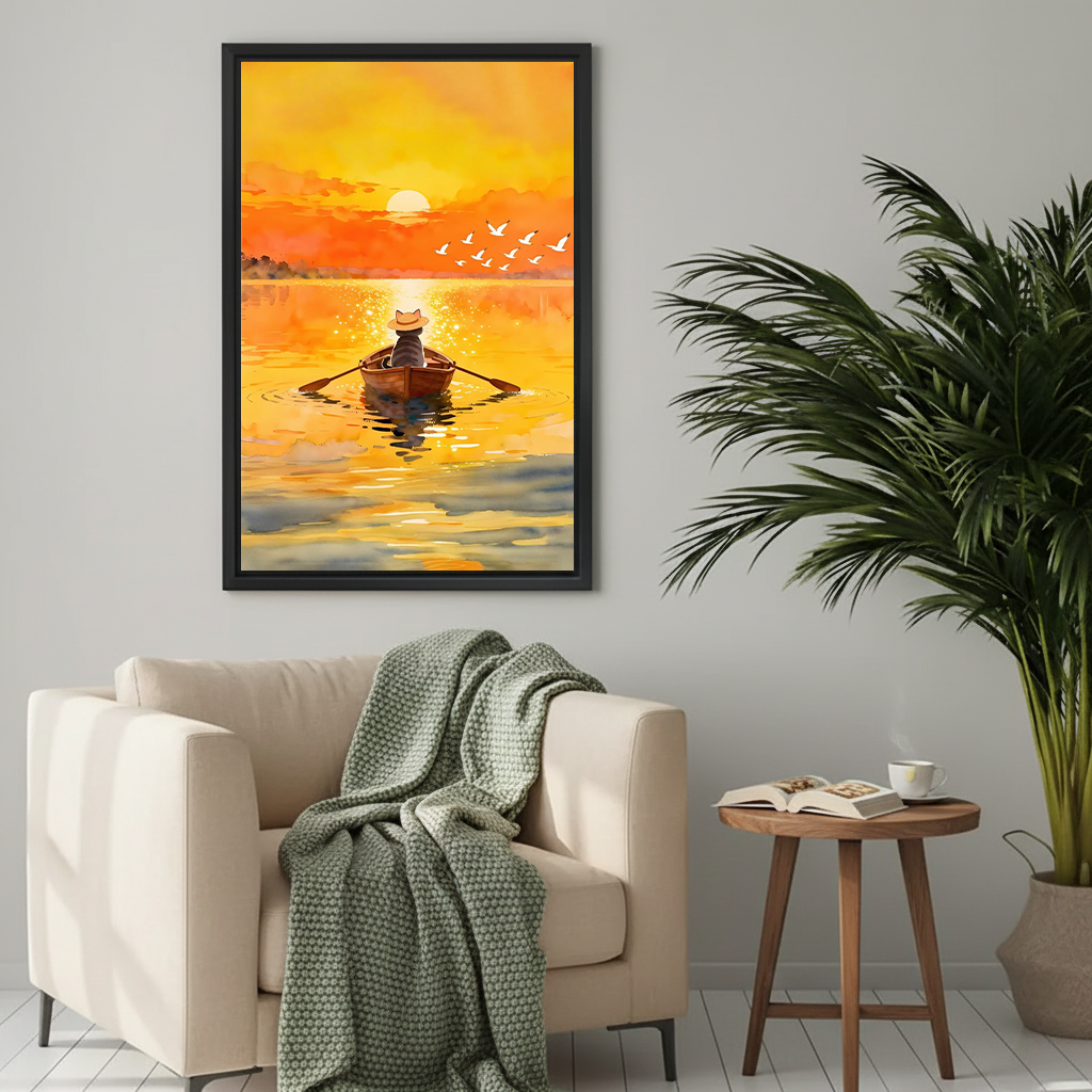 Watercolour cat sunset rowing framed canvas print on a light grey wall above a cream armchair with a green knit throw in a cosy living room