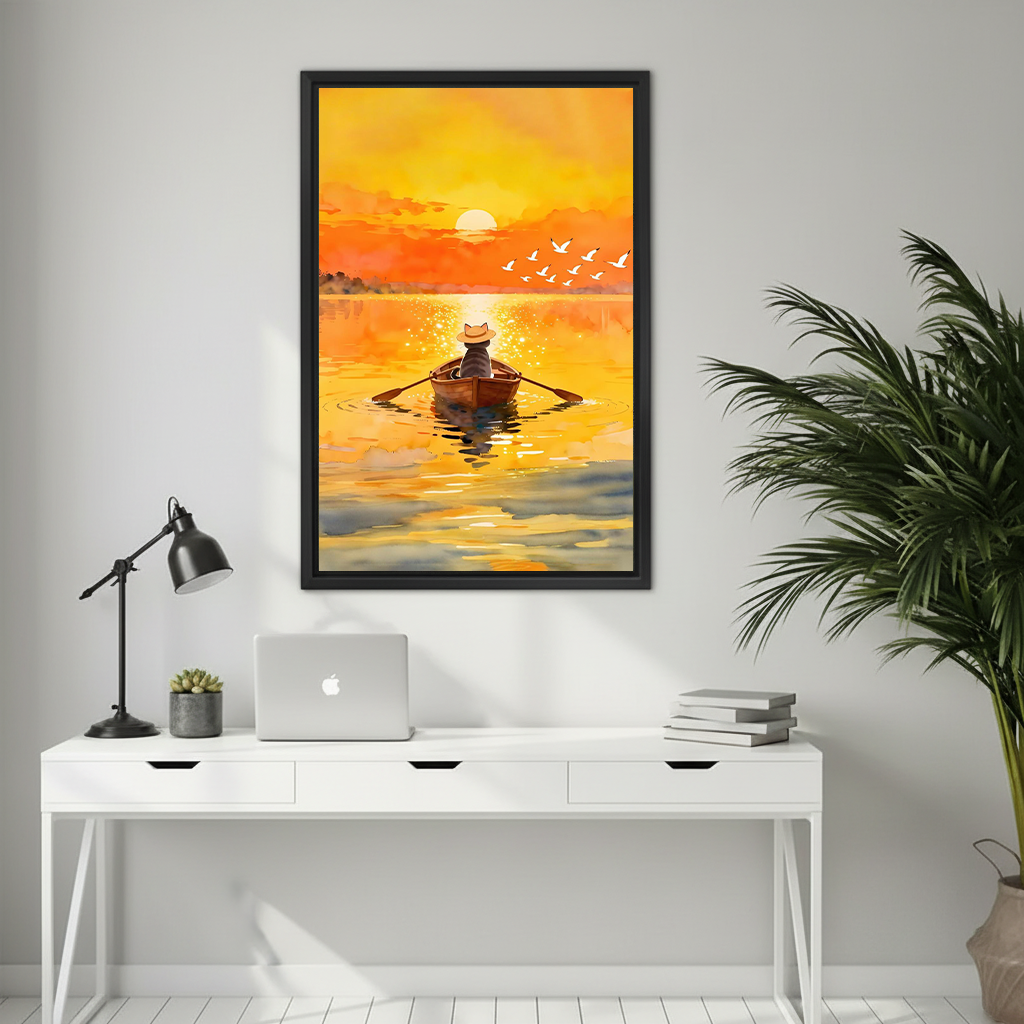 Framed watercolour cat sunset rowing wall art displayed above a white desk with a laptop and lamp in a minimalist home office