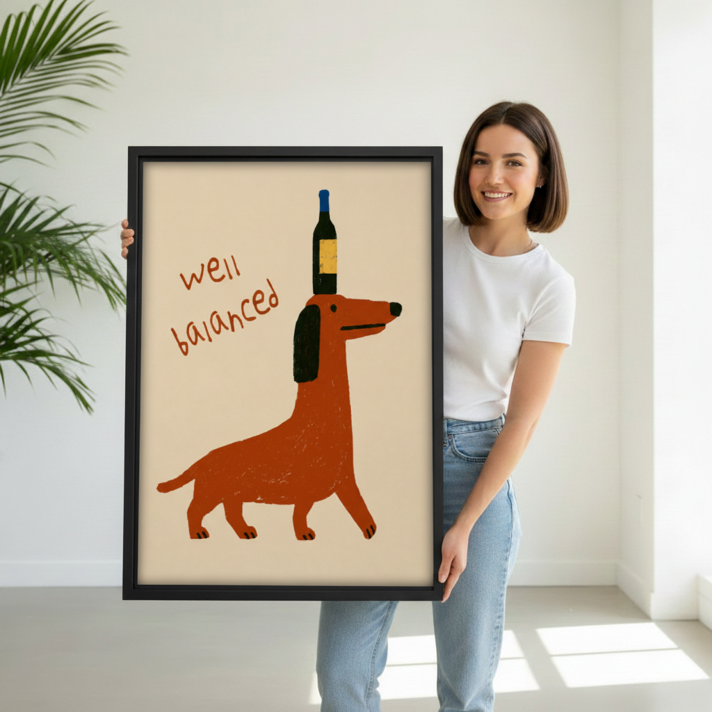 Woman holding large well balanced dachshund framed canvas print, funny wine dog wall art size reference