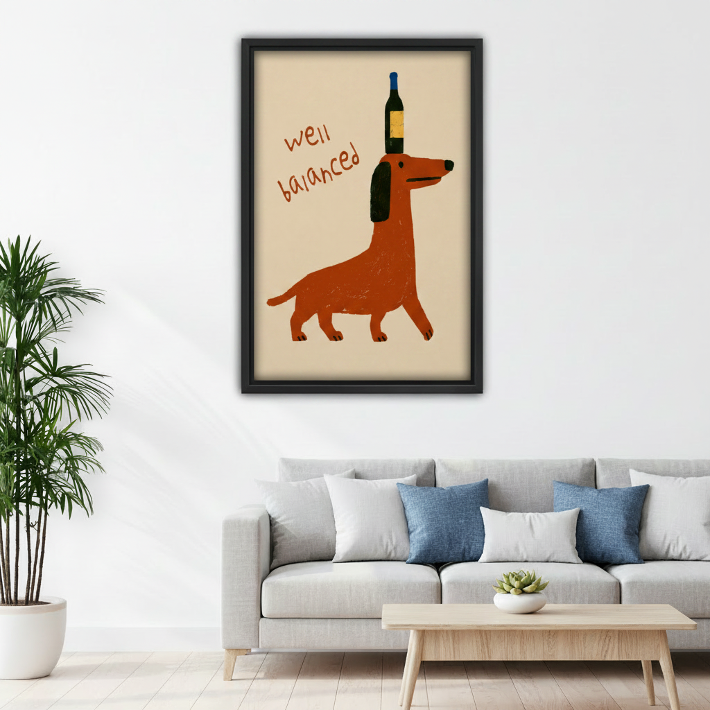  Funny well balanced dachshund framed wall art in kids bedroom with bunk bed, playful dog print for children's room